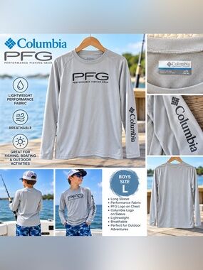 Columbia PFG Boys Large Long Sleeve Performance Fishing Shirt Gray